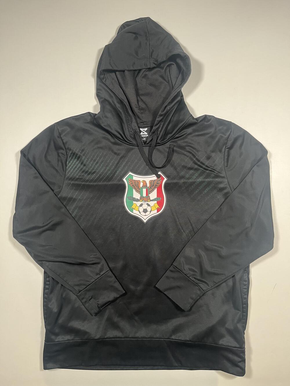 Striker Hoodie Sweatshirt Mens Large Black Soccer Crest Logo Graphic Pullover